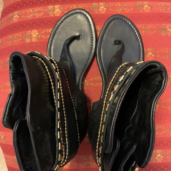 Black Leather Sandals with Gold Buckles and Studs - Picture 2 of 4